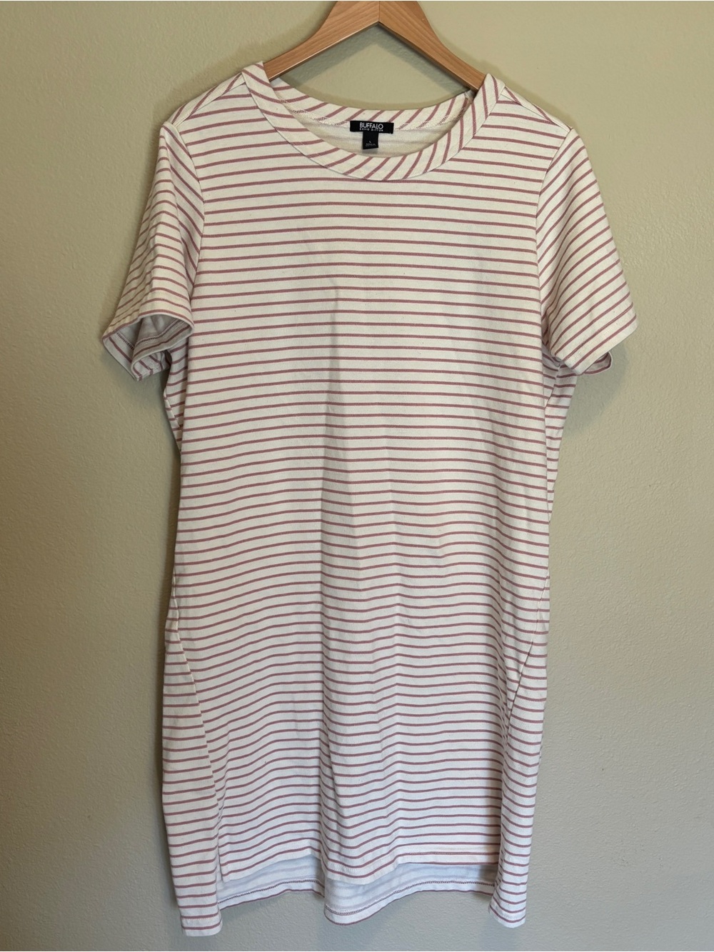 Buffalo David Bitton White and Light Pink Striped Mini T-Shirt Dress